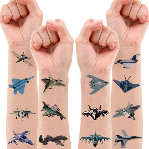 96 PCS US Airplane Air Force Jet Fighter Temporary Tattoos Theme Birthday Party Decorations Favors Supplies Decor Aircraft Pilot Memorial Day Tattoo Stickers Gifts For Kids Boys Girls Prizes Carnival