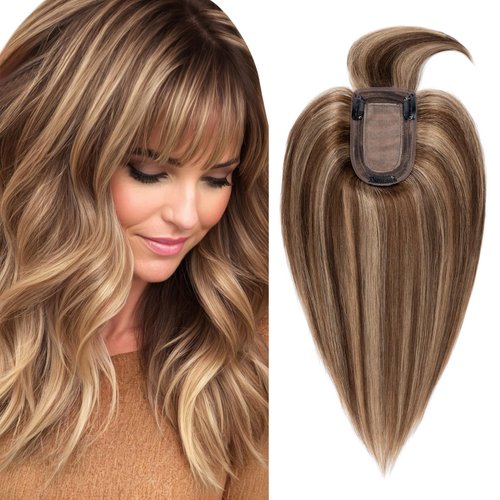 TESSHAIR Hair Toppers for Women Real Human Hair, 150% Density Silk Base Clip in Hair Extensions, ...