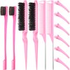 Remerry 12 Pieces Hair Brush Set, Nylon Teasing Hair Brushes 3 Row Salon Teasing Brush, Double Sided Hair Edge Brush Smooth Comb Grooming, Rat Tail Combs with Duckbill Clips for Women(Pink)