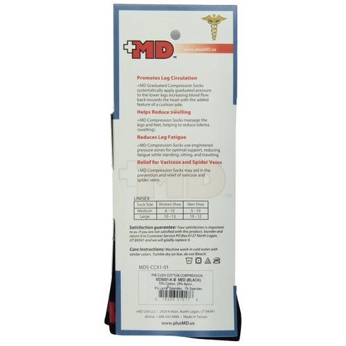MD USA Ribbed Cotton Compression Socks with Cushion, Black, Medium