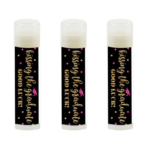 Andaz Press Fuchsia, Black and Gold Glittering Graduation Party Collection, Lip Balm Favors Kissing the Graduate Good Luck!, 12-Pack