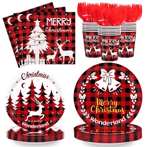 120pcs Red Buffalo Plaid Christmas Plates Napkins Merry Christmas Holiday Disposable Dinner Tableware Christmas Party Supplies for Xmas Holiday Party Tableware Set Serve 24 Guests