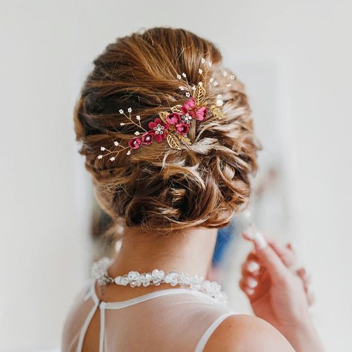 Cinaci 18 Pieces Bridal Wedding Party Prom Pearl Rhinestone Rose Red Flower Hair Side Combs Slides+U-shaped Flower Hair Pins+Twist Spiral Hairpins Floral Headpieces for Brides Bridesmaids Women Girls