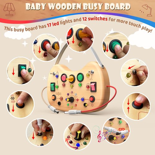 UdoUto Montessori Busy Board for Toddlers 1-3, Wooden Busy Board with LED Light, Switch Board Car Ride Airplane Travel Toys, Christmas Birthday Gifts for 1 2 3 Year Old Boys Girls