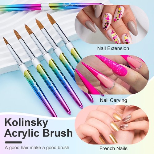 6PCS Acrylic Nail Brush Set, 4/8/10/12/14/16. Kolinsky Nail Art Brushes for Acrylic Application, Sturdy Handle Oval Shaped Acrylic Powder Nail Design Tools for Professional Manicure DIY Home