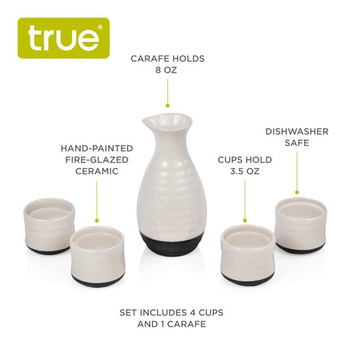 True Fervor 5pcs Ceramic Sake Set, 4 3.5oz Saki Cup Set & 1 8oz Sake Bottle Carafe - Traditional Japanese Tokkuri & Saki Cups Drink Gift Essentials - White