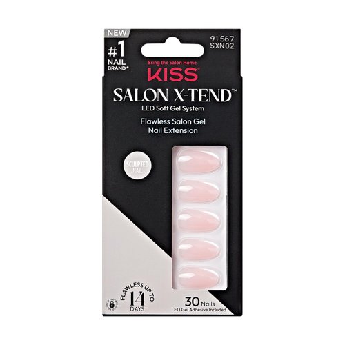 KISS Salon X-tend, Press-On Nails, Nail glue included, Gloria', Light Beige, Medium Size, Almond Shape, Includes 30 Nails, 5Ml Led Soft Gel Adhesive, 1 Manicure Stick, 1 New Mini File, New Prep Pad