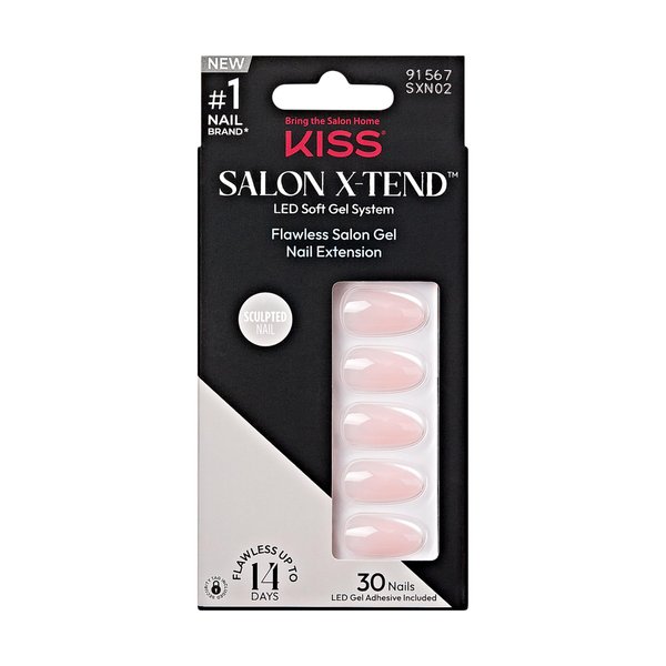 KISS Salon X-tend, Press-On Nails, Nail glue included, Gloria', Light Beige, Medium Size, Almond Shape, Includes 30 Nails, 5Ml Led Soft Gel Adhesive, 1 Manicure Stick, 1 New Mini File, New Prep Pad