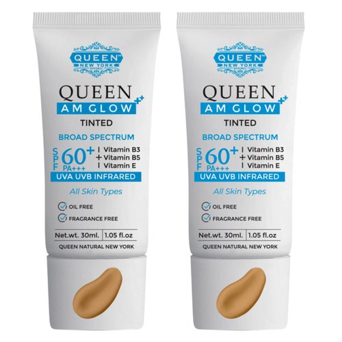 QUEEN AM GLOW | TINTED SunScreen SPF 60 PA+++Primer-Face Moisturizer- Vitamin B3, B5, E- Non-Greasy, Silky Touch-oil free, fragrance free by QUEEN NATURAL NEW YORK (Pack of 2)