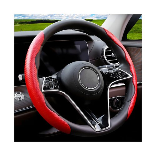 Osilly Car Steering Wheel Cover, Carbon Fiber Leather Segmented Steering Wheel Protector, Universal 15 Inch, Anti-Slip & Durable, Car Interior Accessories Fit for Most Vehicle, SUV, Truck (Red)