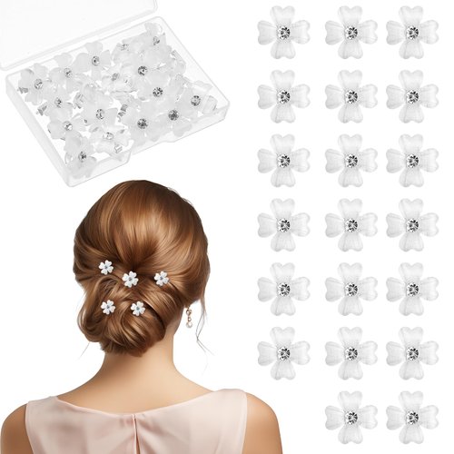 20 Pcs Mini White Flower Hair Clips with Rhinestone, Sweet Artificial Bangs Clips Decorative Hair Accessories for Women Girls, Cute Hair Pins Bridal Hair Accessories