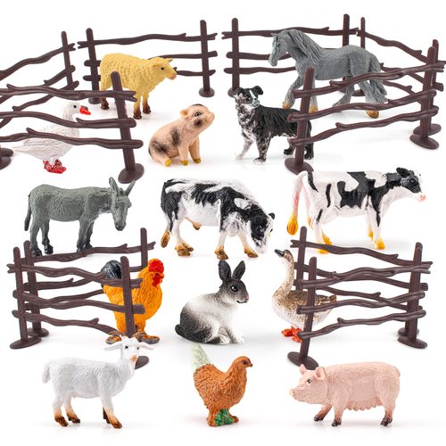 Atralo Service Realistic Mini Farm Poultry Animal Model Playsets 24 PCS Pig Figurines Fence Figures Toy Desktop Decoration Collection Party Favors Toys for Boys Girls Kids