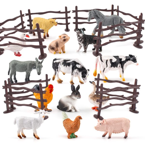 Atralo Service Realistic Mini Farm Poultry Animal Model Playsets 24 PCS Pig Figurines Fence Figures Toy Desktop Decoration Collection Party Favors Toys for Boys Girls Kids