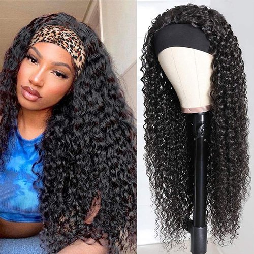 Deep Wave Headband Wigs Human Hair for Black Women 180% Density Brazilian Virgin Human Hair None Lace Front Wigs Machine Made Wigs Glueless Deep Curly Headband Human Hair Wig (20 Inch)