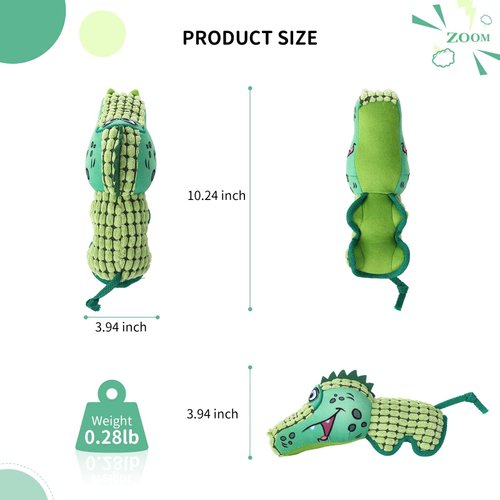 LIZHOUMIL 1PACK Squeaky Dog Toy-Soft Plush Chew Toys with Squeakers in Green Crocodile Shape-Durable Stuffed Dog Toys for Teeth Cleaning,for Puppy,Small,Meduim Dogs