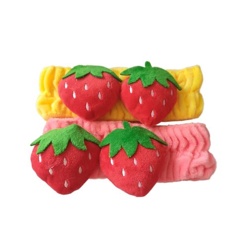 Jilukibo 2 Pack Cute Strawberry Wash Headband for Women, Soft Elastic Makeup Washing Face Hair Band, Soft Shower Facial Headwraps Hairlace for Yoga Sports Spa Mask (Pink, Yellow)