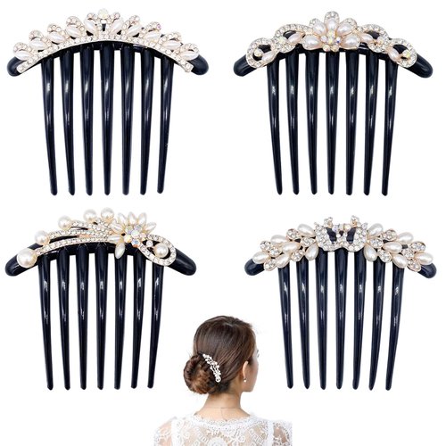 GeoGeoDIY Hair Comb, 4 Pcs Pearls Rhinestones Flower Hair Combs Pins, Vintage Wedding Headpieces Hair Tools, Hair Accessory for Women and Girls, Thick Hair, Black & White, Daily present