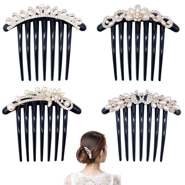 GeoGeoDIY Hair Comb, 4 Pcs Pearls Rhinestones Flower Hair Combs Pins, Vintage Wedding Headpieces Hair Tools, Hair Accessory for Women and Girls, Thick Hair, Black & White, Daily present