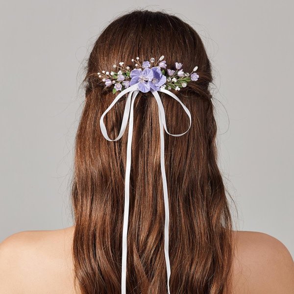 Trendy Purple Flower Green Leaf Wedding Hair Accessories for Women Handmade Bow Strap Pearl Wedding Hair Comb Bridal Jewelry with Bend