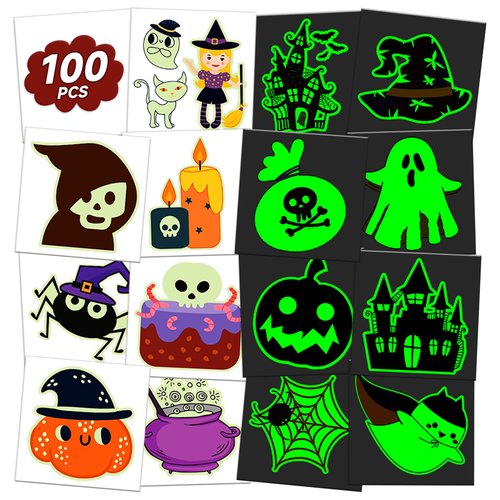 EMOME Halloween Party Favors Tattoo Stickers Luminous, Glows Temporary Tattoos for Kids Birthday Party Decorations Supplies, Halloween Candy Goodie Treat Bag Fillers (100 Pcs)