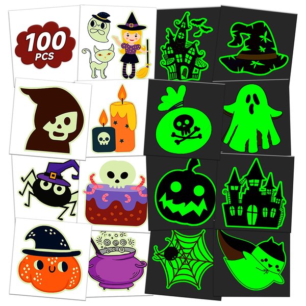 EMOME Halloween Party Favors Tattoo Stickers Luminous, Glows Temporary Tattoos for Kids Birthday Party Decorations Supplies, Halloween Candy Goodie Treat Bag Fillers (100 Pcs)