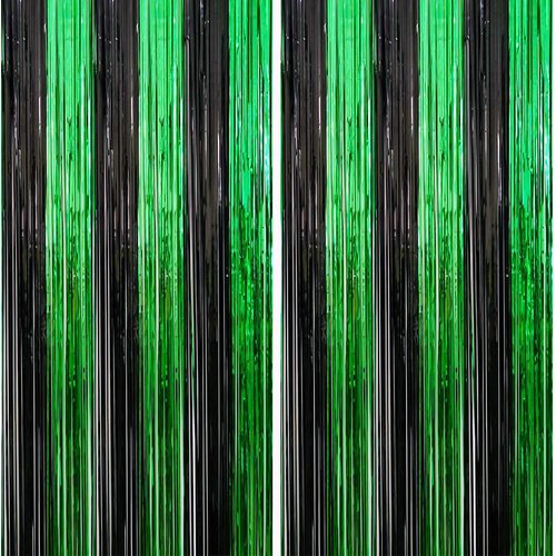 Bcbast 2 Pack 3.3ft×8.2ft Black Green Metal Foil Fringe Curtains Backdrop for Birthday St Patrick's Day Halloween Bachelorette Graduation Party decor Door Window Event Stage decor Black Green