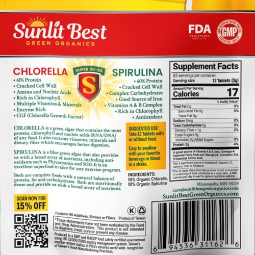 Sunlit Super 50/50 Organic Chlorella Spirulina Tablets - Super Greens Supplement for Immune Support, Gut Health, Mood & Energy - Rich in Chlorophyll, Amino Acids & Vegan Protein, 1000 Superfood Tabs