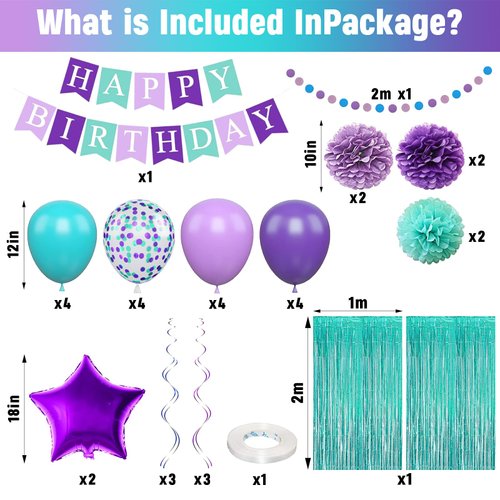 Mermaid Birthday Decorations Purple Teal Blue Party Balloons Happy Birthday Banner Dots Garland Purple Turquoise Green Fringe Curtain Pompom Swirls for Girl Women Birthday Baby Shower Party Decoration