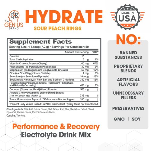 Genius Hydrate Powder Drink Mix Sour Peach Rings 50 Servings Natural Electrolyte Hydration Booster Endurance Supplement with Coconut Water Potassium Magnesium Zinc Sugar Free No Artificial Sweeteners