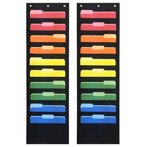 Pack of 2 - Ten Pocket Compact Storage Pocket Chart, Hanging Wall File Organizer by Essex Wares - Organize Your Assignments, Files, Scrapbook Papers & More (Black) (10 Pocket)