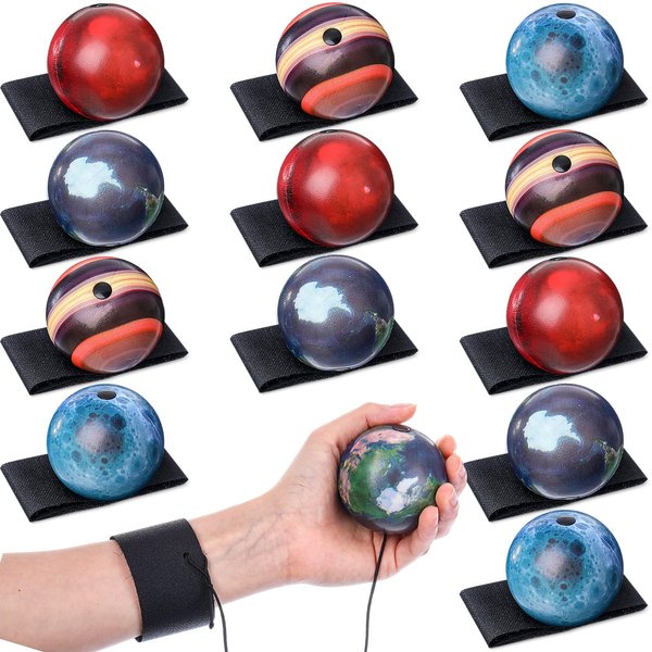 12 Pcs Wrist Return Ball Planet Stress Balls 2.36 Inch Space Planet Party Favors String Attached Rebound Balls for Training, Random Style