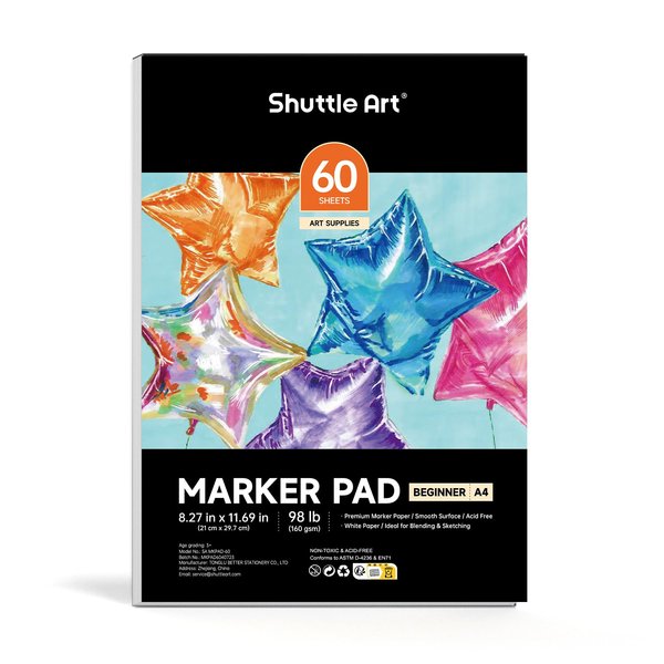 Shuttle Art Marker Pad, 8.3”x7.67” Portable Square Sketchbook, 50 Sheets Marker Drawing Paper, 98LB/160GSM Smooth Surface Bleedproof Art Paper, Glue-Bound, Great for Beginners to Draw, Paint & Sketch