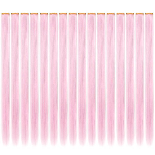 ZHIRXIN 14 PCS Colored Clip in Hair Extensions 21 Inch Colored Long Straight Hairpieces Clip in Synthetic, Halloween Cosplay Dress Up Fashion Party Christmas New Year Gift for Girls（Light Pink）