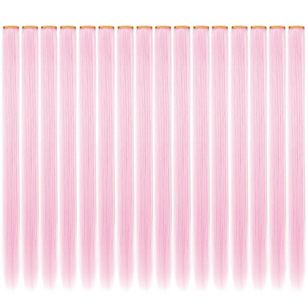 ZHIRXIN 14 PCS Colored Clip in Hair Extensions 21 Inch Colored Long Straight Hairpieces Clip in Synthetic, Halloween Cosplay Dress Up Fashion Party Christmas New Year Gift for Girls（Light Pink）
