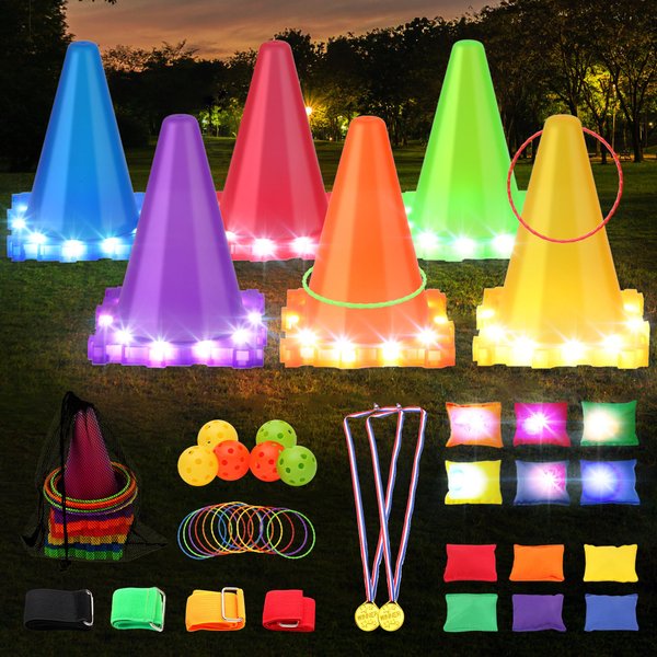 42PCS Carnival Games for Kids with LED Light,Obstacle Course Game Set - Ring Toss Game, Bean Bags, Cones - Outdoor Toys for Toddlers, Children's Indoor Play,Kids Party Cornhole Set, Lawn Games