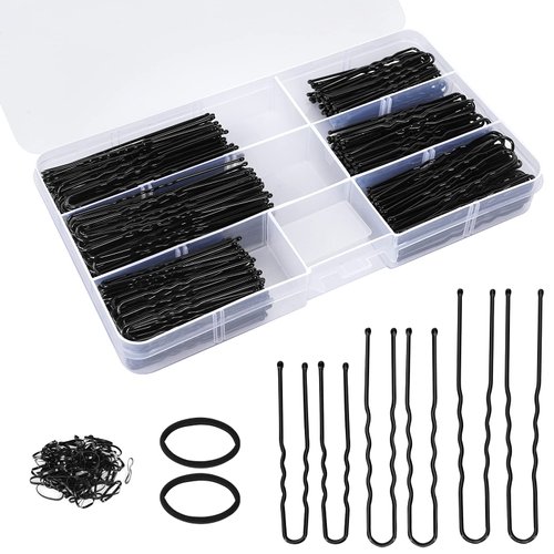 300Pcs U-Shaped Hair Pins Set for Women, Kids & Girls: 2.8IN, 2.4IN, 2IN Bobby Bun Pins with Storage Box, 2 Thick Seamless Hair Ties & 50 Elastic Hair Bands for All Hair Types, Black