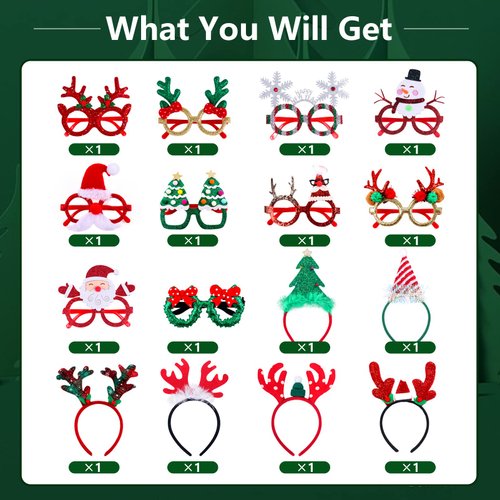 Atonofun Christmas Party Favors for Kids, 16 Pcs Glittered Christmas Headbands and Glasses Frames Set with Assorted Design for Christmas Party Supplies, Christmas Gifts for Adults Kids