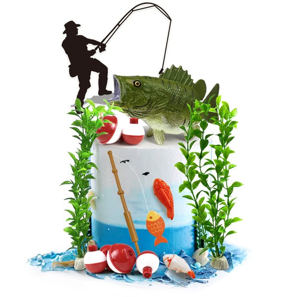 KDPATFAV Gone Fishing Cake Topper, 14 Pieces Fisherman Themed Decoration for Retirement Party Supplies