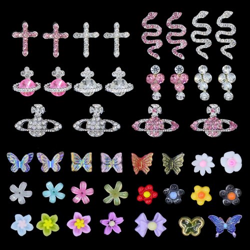320Pcs 10Styles 3D Nail Gems and Assorted Acrylic+Nail Art Charms, Silver Pink Snake Planet Cross Nail Diamond Charms, Multi Color Butterfly Flowers Acrylic Charms for Nails, Nail Art DIY Accessories