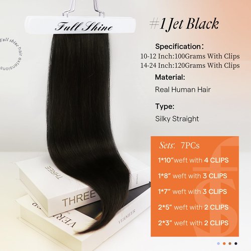 Full Shine Black Clip in Hair Extensions Human Hair Jet Black Hair Extensions Clip ins Real Human Hair Black Clip in Extensions Human Hair Remy Silky Straight Triple Weft 14 Inch 7 Pcs