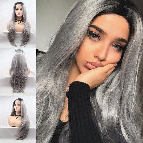 Silve Grey Ombre Lace Front Wigs Pre Plucked Hairline Long Natural Straight Gray Synthetic Lace Front Wig Dark Roots Side Part Glueless Lace Wigs for Women Synthetic Heat Resistant Fiber Hair 24 Inch