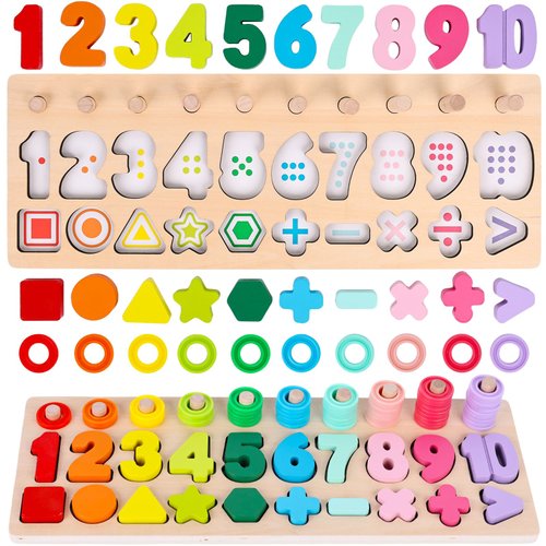 AMOR PRESENT Wooden Number Puzzle for Toddler, Montessori Toys for Kids Shape Sorting Stacking Counting Game Preschool Learning Toys for Boys Girls Birthday Gifts