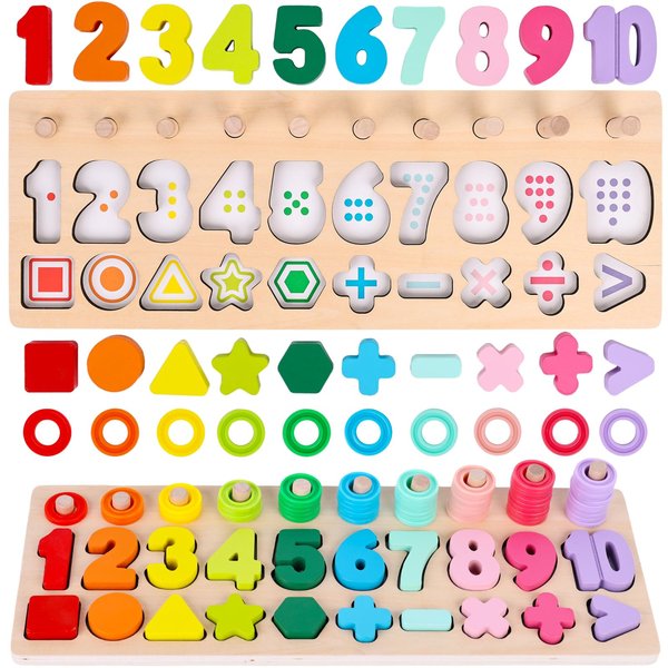 AMOR PRESENT Wooden Number Puzzle for Toddler, Montessori Toys for Kids Shape Sorting Stacking Counting Game Preschool Learning Toys for Boys Girls Birthday Gifts