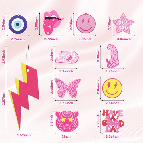12pcs Preppy Boho Car Air Freshener Essential Oil Hanging Slice Cute Pink Happy Face Air Fresheners Car Interior Accessories for Hanging Rearview Mirror Pendant Y2K Girl Bachelorette Party Home Room