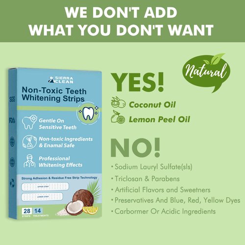 Sierra Clean Teeth Whitening Strips for Sensitive Teeth 14 Treatments, Enamel Safe Strips, Dentist Recommended 30 Minutes Fast Results, Teeth Whitener for Coffee Tea Smoking other Stains - 28 Strips