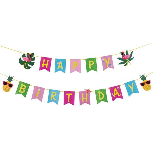 SUNBEAUTY Tropical Happy Birthday Banner Colorful Hawaiian Luau Birthday Banner Flamingo Pineapple Palm Leaf Banner for Summer Birthday Party Decorations Supplies | Pre-Strung