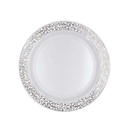 Party Essentials 70-Count Hard Plastic 6.25" Divine Dinnerware Disposable China Bread and Butter/Appetizer Plates, White with Silver Lace Rim