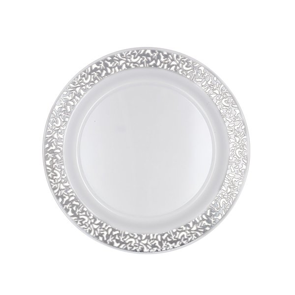 Party Essentials 70-Count Hard Plastic 6.25" Divine Dinnerware Disposable China Bread and Butter/Appetizer Plates, White with Silver Lace Rim