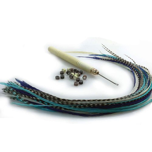 Feather Hair Extensions, 100% Real Rooster Hair Feathers extension kit, Long Blue mix 20 Feathers...