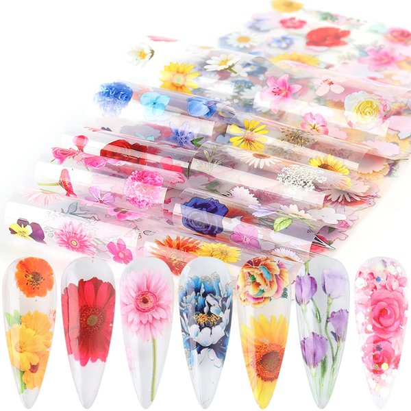 Flowers Nail Art Foil Transfer Stickers Decals, Holographic Floral Nail Art Design, Sky Starry Paper Transfer Foils Nails Supplies for Women Girls Manicure Decoration Nail Accessories Set(10 Sheets)